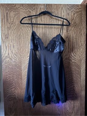 Victoria's Secret Black Satin & Lace Sheer Chemise
